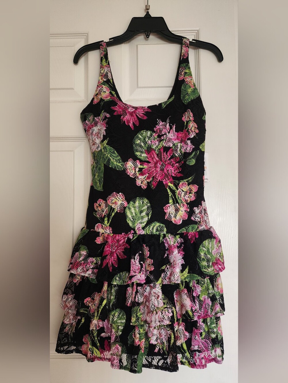 NWT Kensie Floral Lace Tiered Ruffle Mini Dress – Black/Pink/Green (US Size 2)